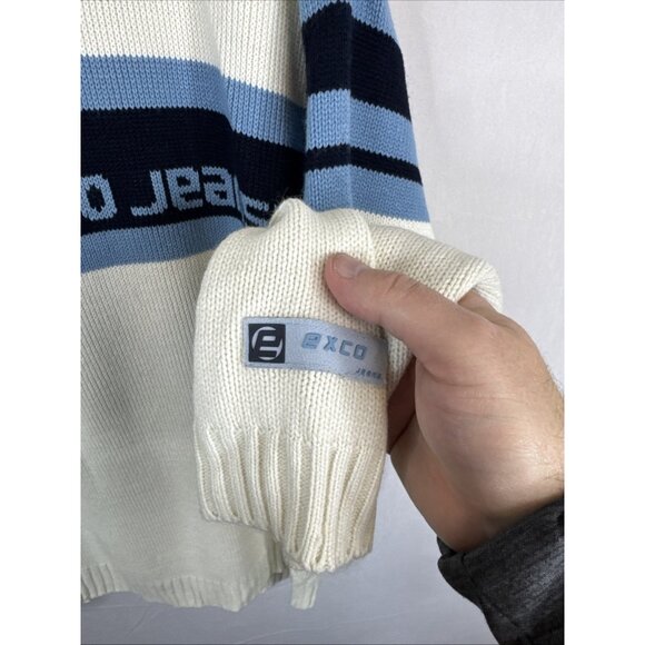 Vintage Y2K EXCO Jeans Turtleneck Sweater Cream Blue Stripe Logo Knit Men’s L - Picture 2 of 6